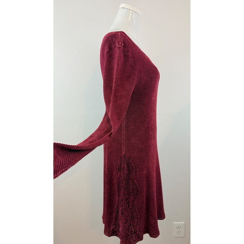 Able Boho Cottagecore Maroon Waffle Knit Crochet Trim Long Sleeve Mini Dress S - Picture 10 of 11